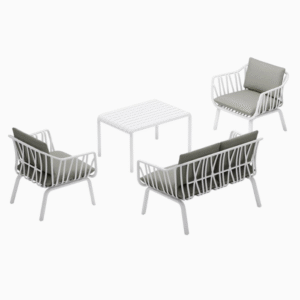 4-Seater Outdoor Furniture Set – Fiberglass Plastic Seating, Modern White Steel Frame, 2 Chairs & Loveseat with Coffee Table (Grey Cushions)