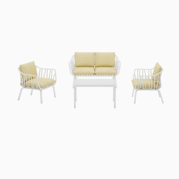 4-Seater Outdoor Furniture Set – Fiberglass Plastic Seating, Modern White Steel Frame, 2 Chairs & Loveseat with Coffee Table (Beige Cushions) - Image 2