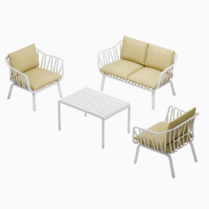 4-Seater Outdoor Furniture Set – Fiberglass Plastic Seating, Modern White Steel Frame, 2 Chairs & Loveseat with Coffee Table (Beige Cushions)