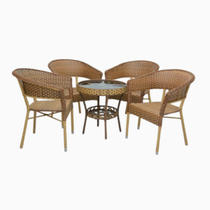 TRM Furniture Rattan Set1+4 Rattan set- Table and Chairs Set- 1 Modern Round Table Chairs for Outdoor & Indoor area- Dining Room- Kitchen- Coffeeshop, Garden etc- (Brown)